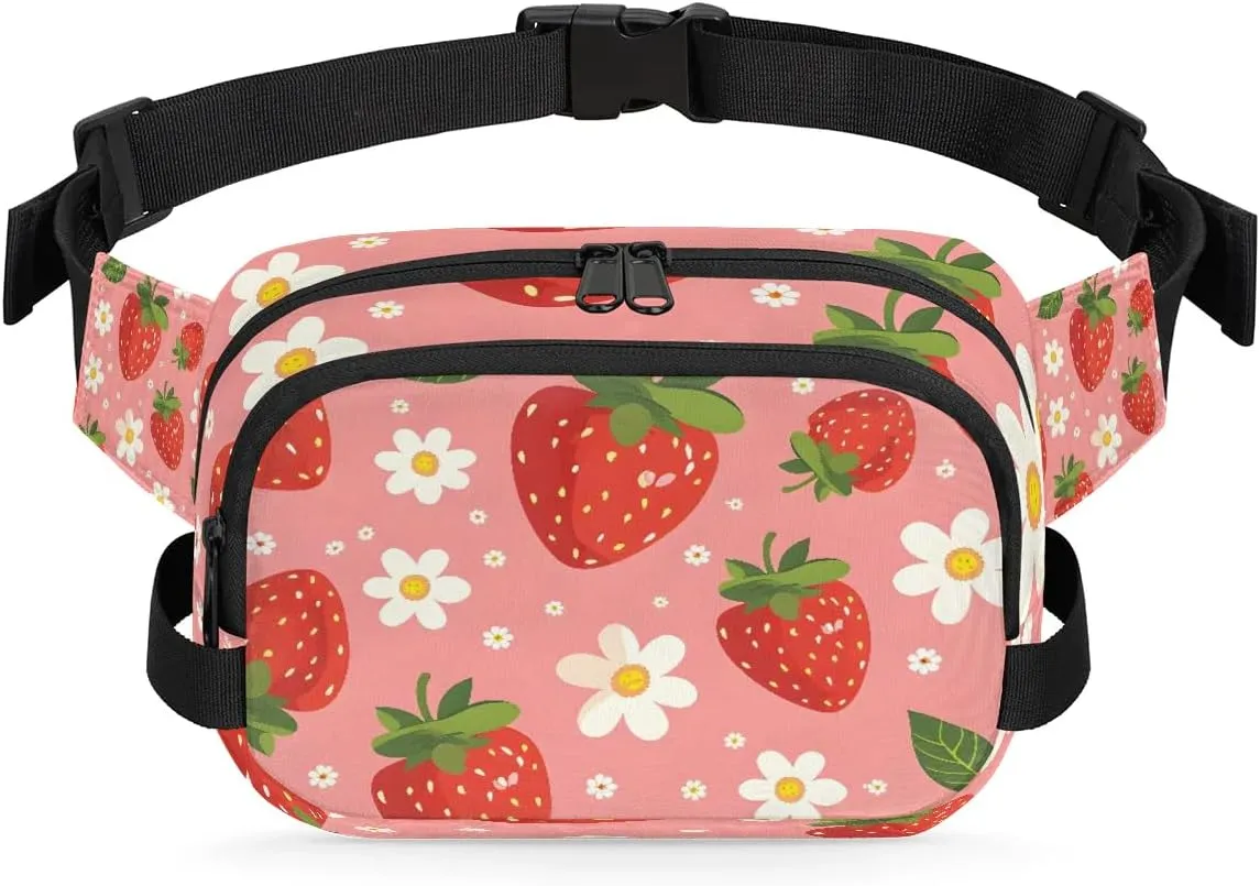 Flower Strawberry Crossbody Bags for Women Trendy Waterproof Fanny Pack with Adjustable Strap Fanny Pack for Travel Shopping Running and Daily Use