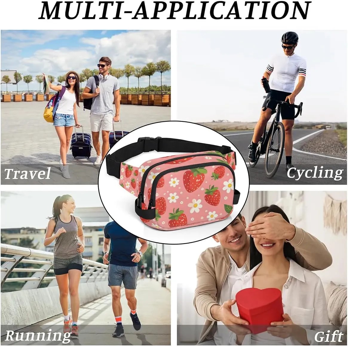 Flower Strawberry Crossbody Bags for Women Trendy Waterproof Fanny Pack with Adjustable Strap Fanny Pack for Travel Shopping Running and Daily Use