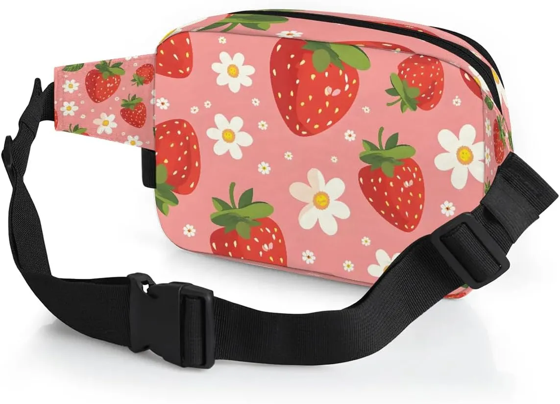 Flower Strawberry Crossbody Bags for Women Trendy Waterproof Fanny Pack with Adjustable Strap Fanny Pack for Travel Shopping Running and Daily Use