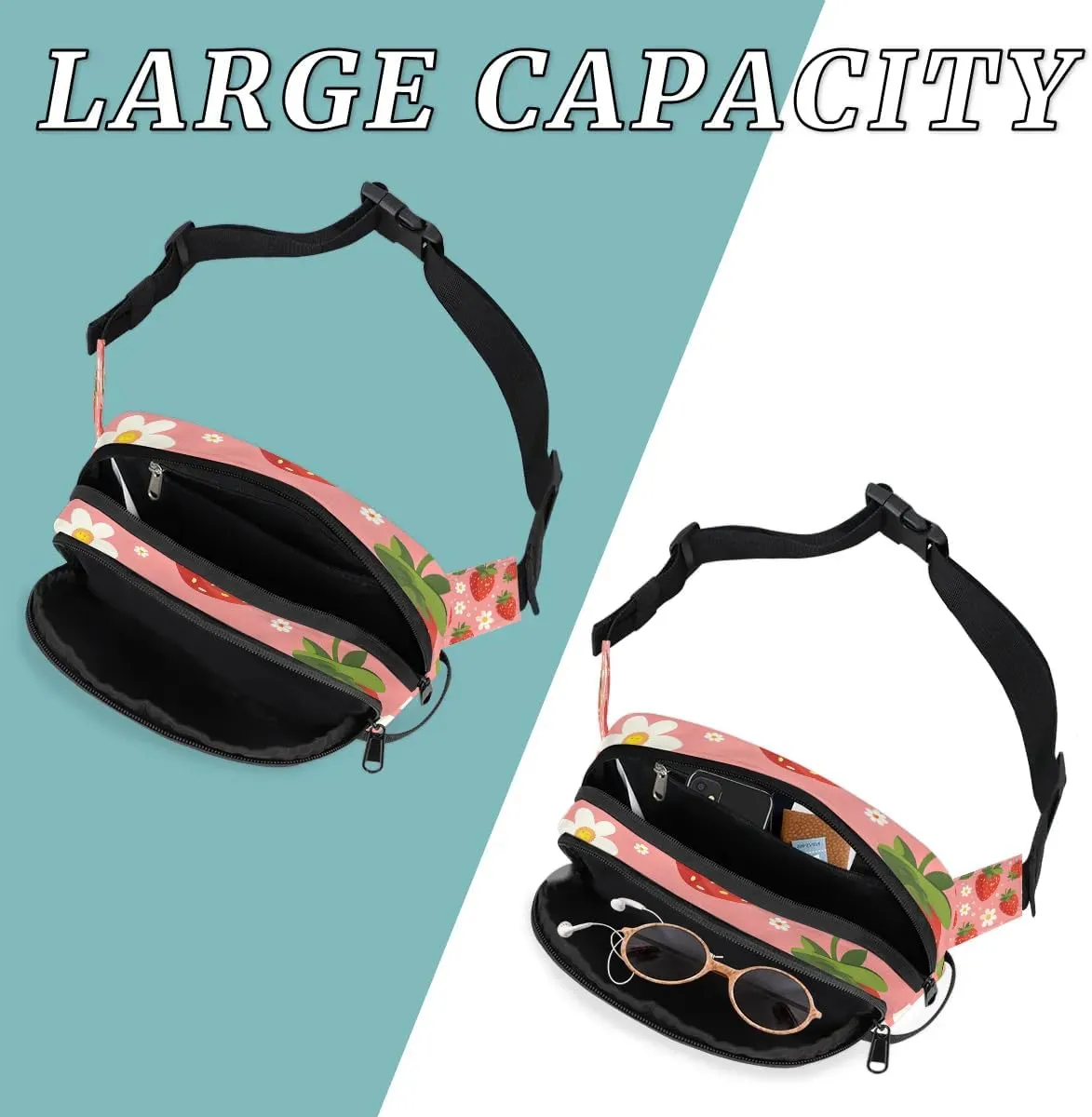 Flower Strawberry Crossbody Bags for Women Trendy Waterproof Fanny Pack with Adjustable Strap Fanny Pack for Travel Shopping Running and Daily Use