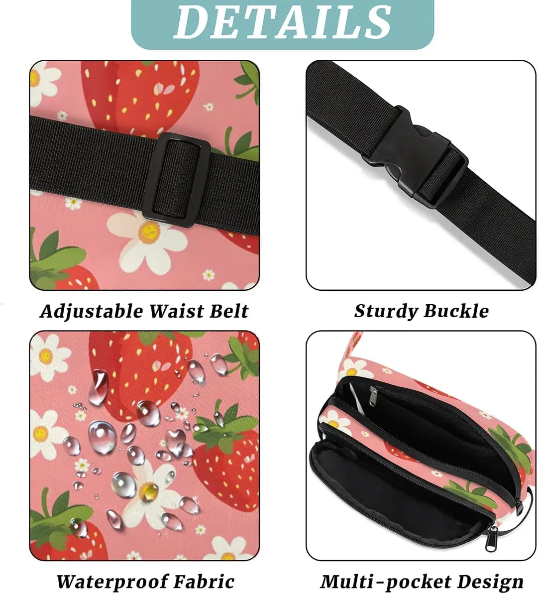 Flower Strawberry Crossbody Bags for Women Trendy Waterproof Fanny Pack with Adjustable Strap Fanny Pack for Travel Shopping Running and Daily Use
