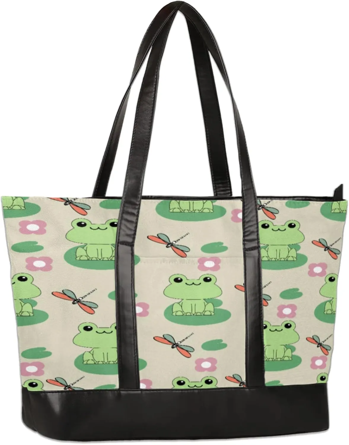 Frog Dragonfly Flower Laptop Tote Bag for Women Lightweight Work Purse with Multiple Compartments Fits 13-15.6 Inch Laptop Tablet Shoulder Bag for Office Travel Daily Use