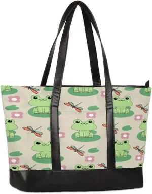 Frog Dragonfly Flower Laptop Tote Bag for Women Lightweight Work Purse with Multiple Compartments Fits 13-15.6 Inch Laptop Tablet Shoulder Bag for Office Travel Daily Use