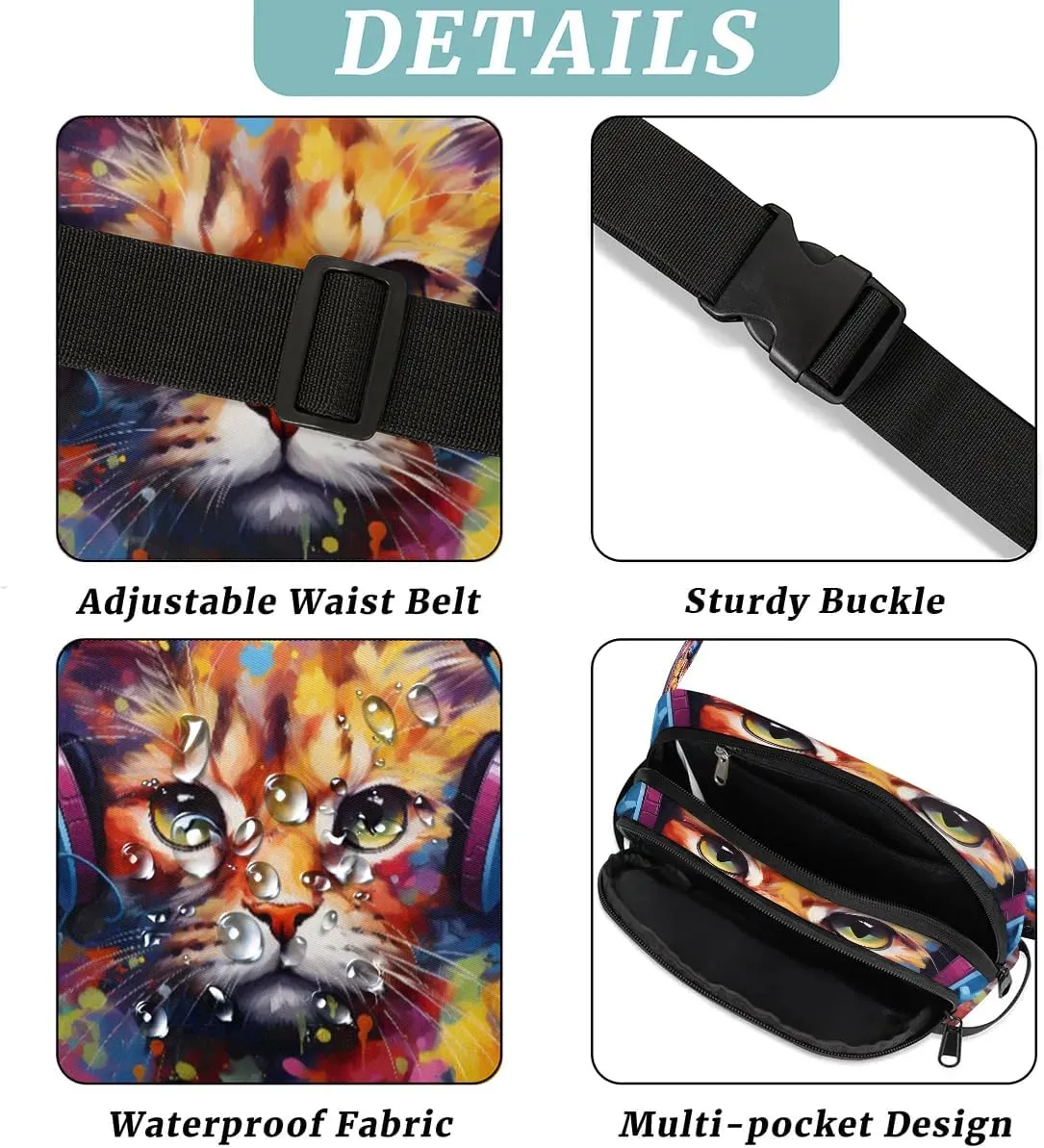 Funny Cat Crossbody Bags for Women Trendy Waterproof Fanny Pack with Adjustable Strap Fanny Pack for Travel Shopping Running and Daily Use