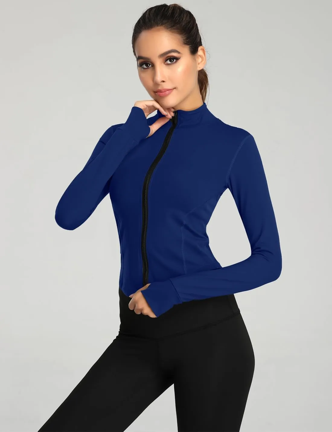 Gacaky Women's Athletic Jacket Lightweight Full Zip Up Yoga Jacket Cropped Workout Slim Fit Tops with Thumb Holes
