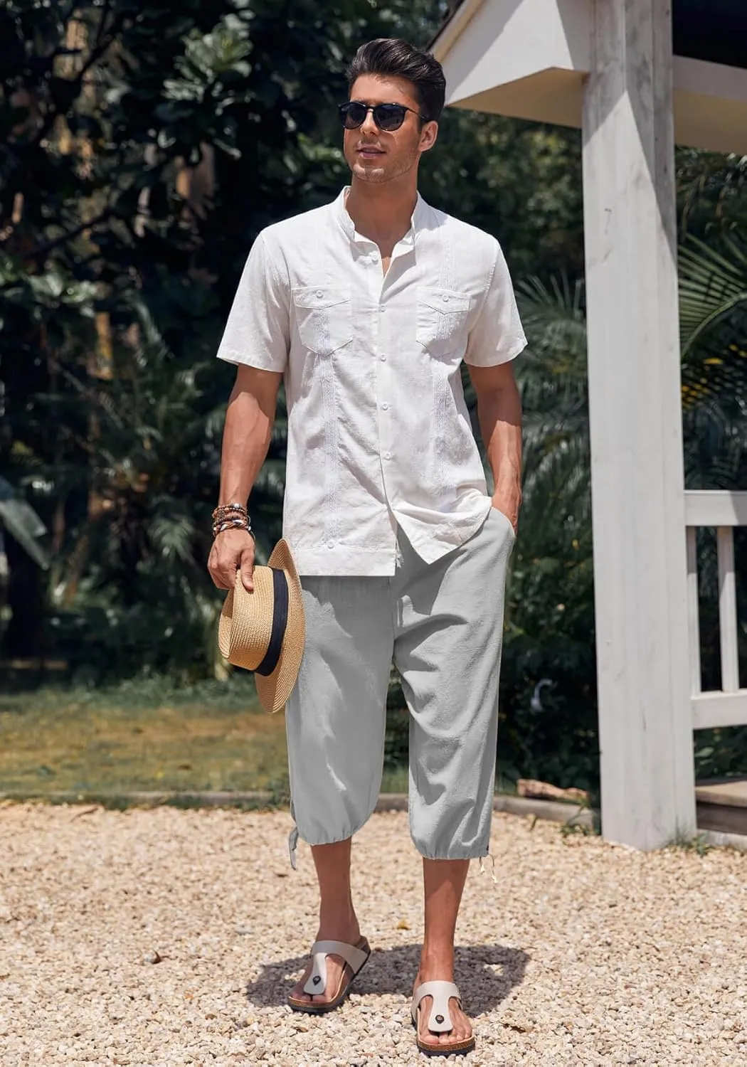 Gafeng Mens Harem Capri Pants Beach Yoga Baggy 3/4 Shorts Casual Drawstring Summer Wide Leg Pants
