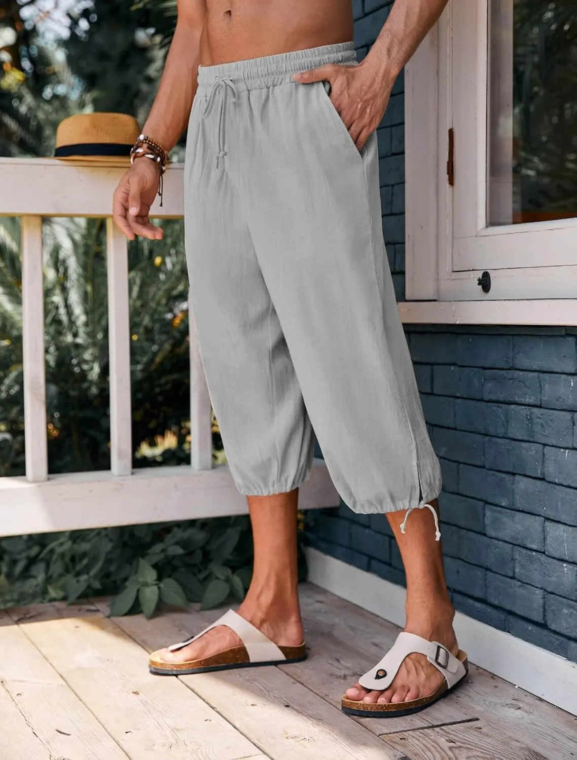 Gafeng Mens Harem Capri Pants Beach Yoga Baggy 3/4 Shorts Casual Drawstring Summer Wide Leg Pants