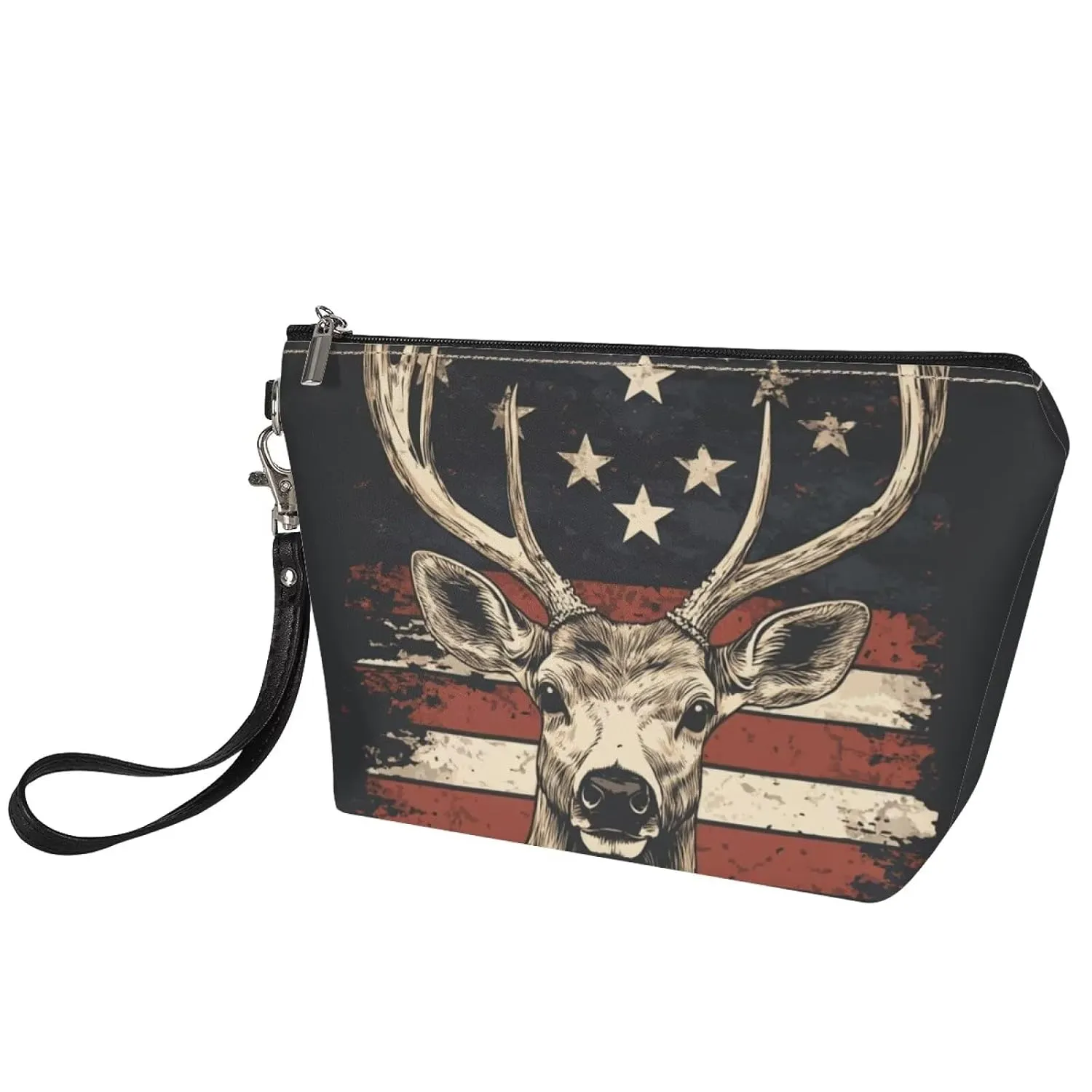 GIFTPUZZ Elegant Deer & American Flag Cosmetic Makeup Pouch - Large Zipper Tote Handbag Organizer for Travel & Daily Use - Perfect Makeup Case for Women & Girls