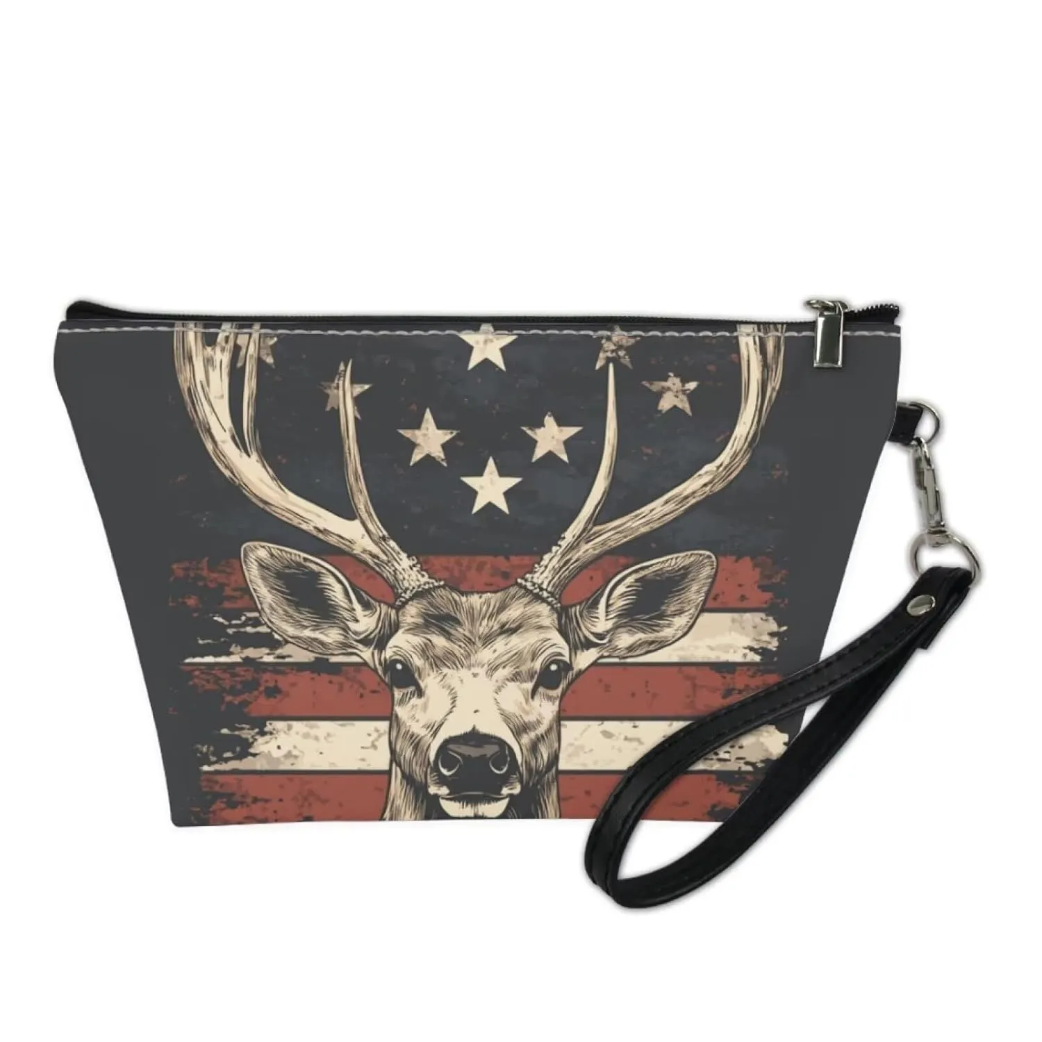GIFTPUZZ Elegant Deer & American Flag Cosmetic Makeup Pouch - Large Zipper Tote Handbag Organizer for Travel & Daily Use - Perfect Makeup Case for Women & Girls
