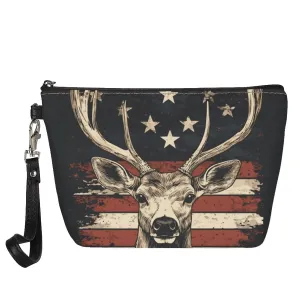 GIFTPUZZ Elegant Deer & American Flag Cosmetic Makeup Pouch - Large Zipper Tote Handbag Organizer for Travel & Daily Use - Perfect Makeup Case for Women & Girls