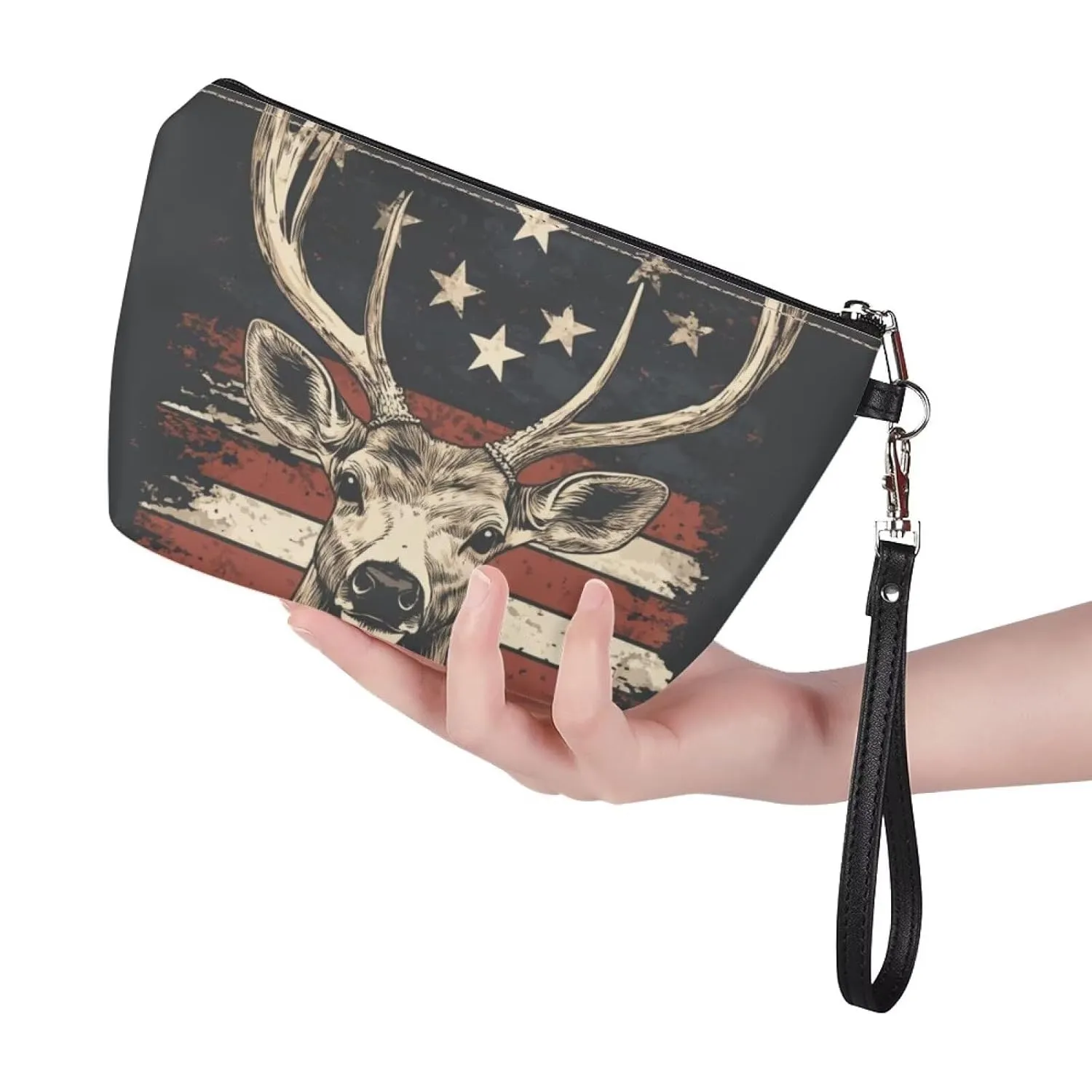 GIFTPUZZ Elegant Deer & American Flag Cosmetic Makeup Pouch - Large Zipper Tote Handbag Organizer for Travel & Daily Use - Perfect Makeup Case for Women & Girls