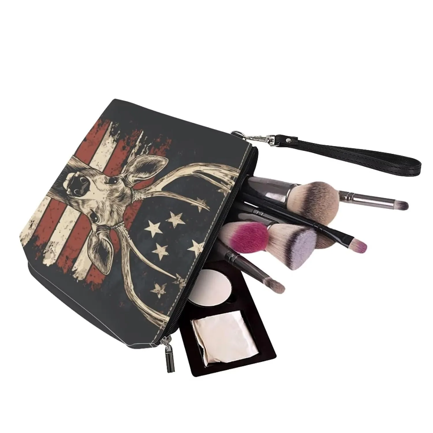 GIFTPUZZ Elegant Deer & American Flag Cosmetic Makeup Pouch - Large Zipper Tote Handbag Organizer for Travel & Daily Use - Perfect Makeup Case for Women & Girls