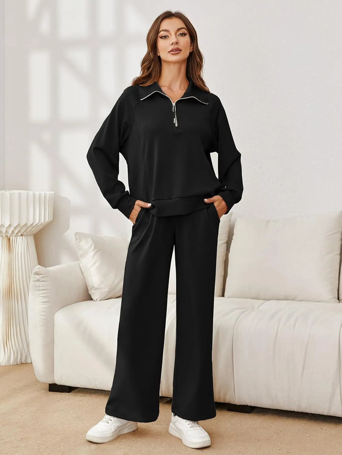 Glamaker Womens 2 Piece Outfits Sweatsuit Set Oversized Half Zip Sweatshirt Wide Leg Sweatpants Lounge Set Tracksuit
