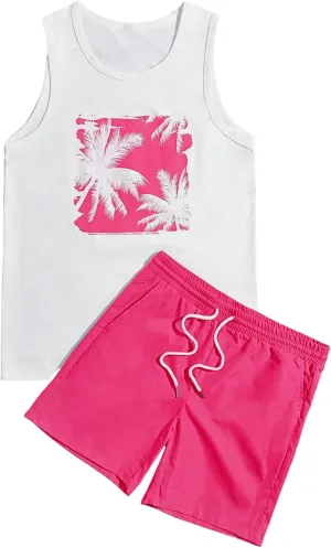 GORGLITTER Men's 2 Piece Outfits Tropical Print Sleeveless Tank Top and Drawstring Waist Shorts Set