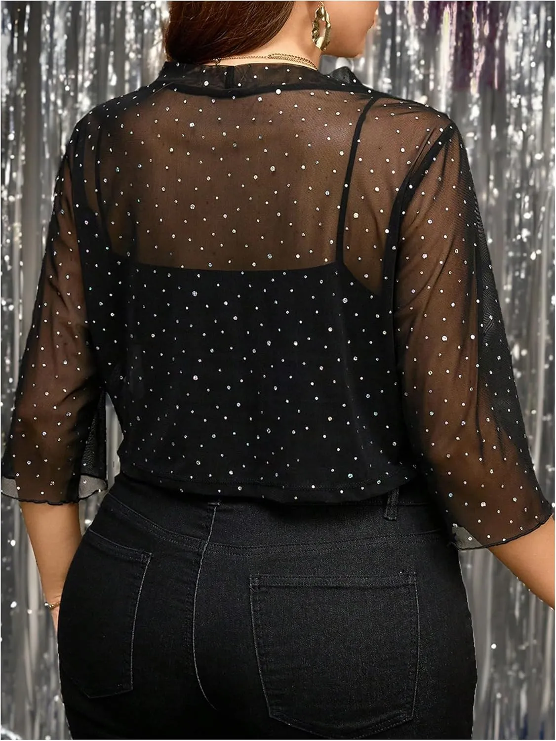 GORGLITTER Women's Plus Size Sheer Shrug Glitter 3/4 Sleeve Party Cropped Mesh Cardigan