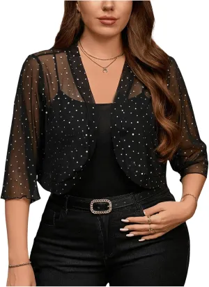 GORGLITTER Women's Plus Size Sheer Shrug Glitter 3/4 Sleeve Party Cropped Mesh Cardigan