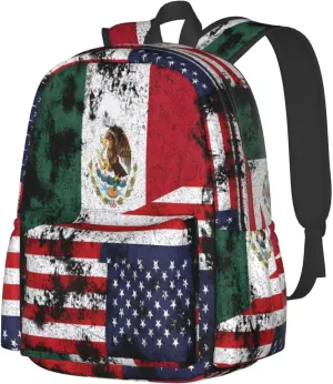 Half Mexico American Flag Laptop Commuter Backpack Shoulder Bag Casual Back Pack Daypack Bags With Side Pockets For Work Travel Daily Use