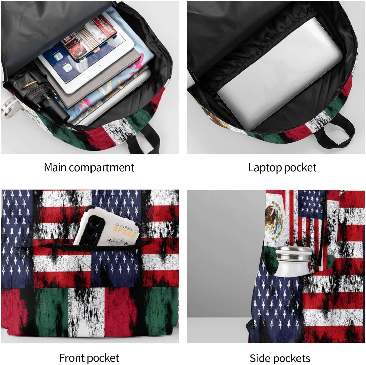 Half Mexico American Flag Laptop Commuter Backpack Shoulder Bag Casual Back Pack Daypack Bags With Side Pockets For Work Travel Daily Use
