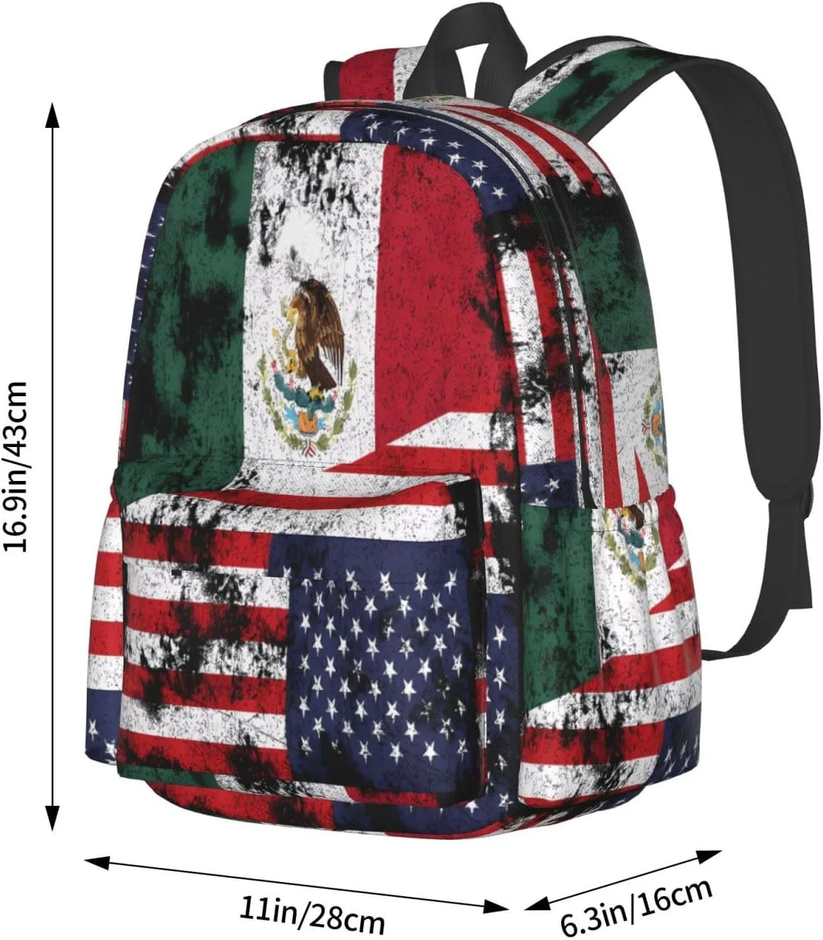 Half Mexico American Flag Laptop Commuter Backpack Shoulder Bag Casual Back Pack Daypack Bags With Side Pockets For Work Travel Daily Use