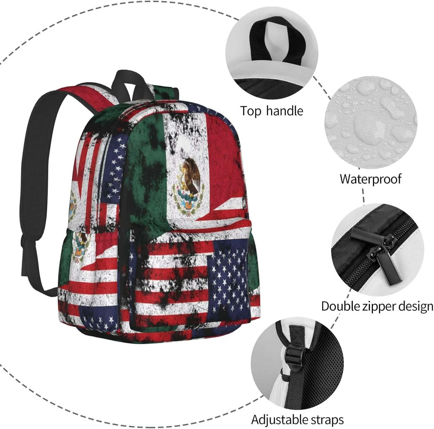 Half Mexico American Flag Laptop Commuter Backpack Shoulder Bag Casual Back Pack Daypack Bags With Side Pockets For Work Travel Daily Use