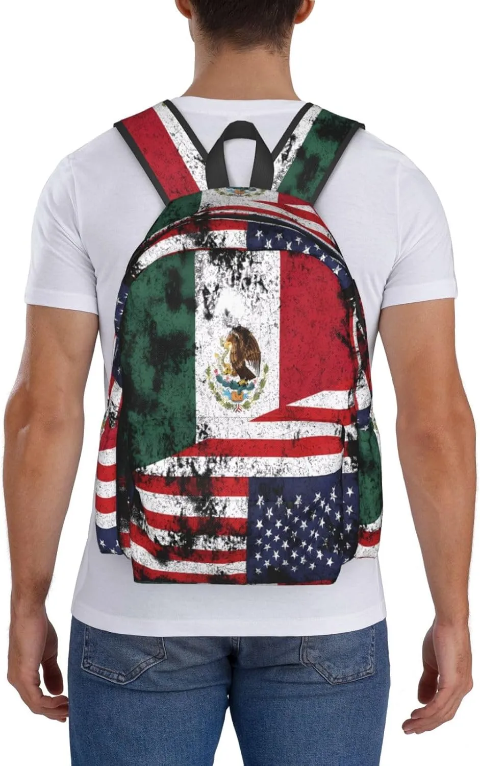 Half Mexico American Flag Laptop Commuter Backpack Shoulder Bag Casual Back Pack Daypack Bags With Side Pockets For Work Travel Daily Use