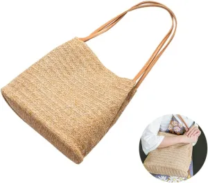 Handmade Knitted Straw Bag Dark Beige Bucket Shoulder Bag for Women Lightweight Beach Tote Unique Present for Outdoor Picnics and Daily Use