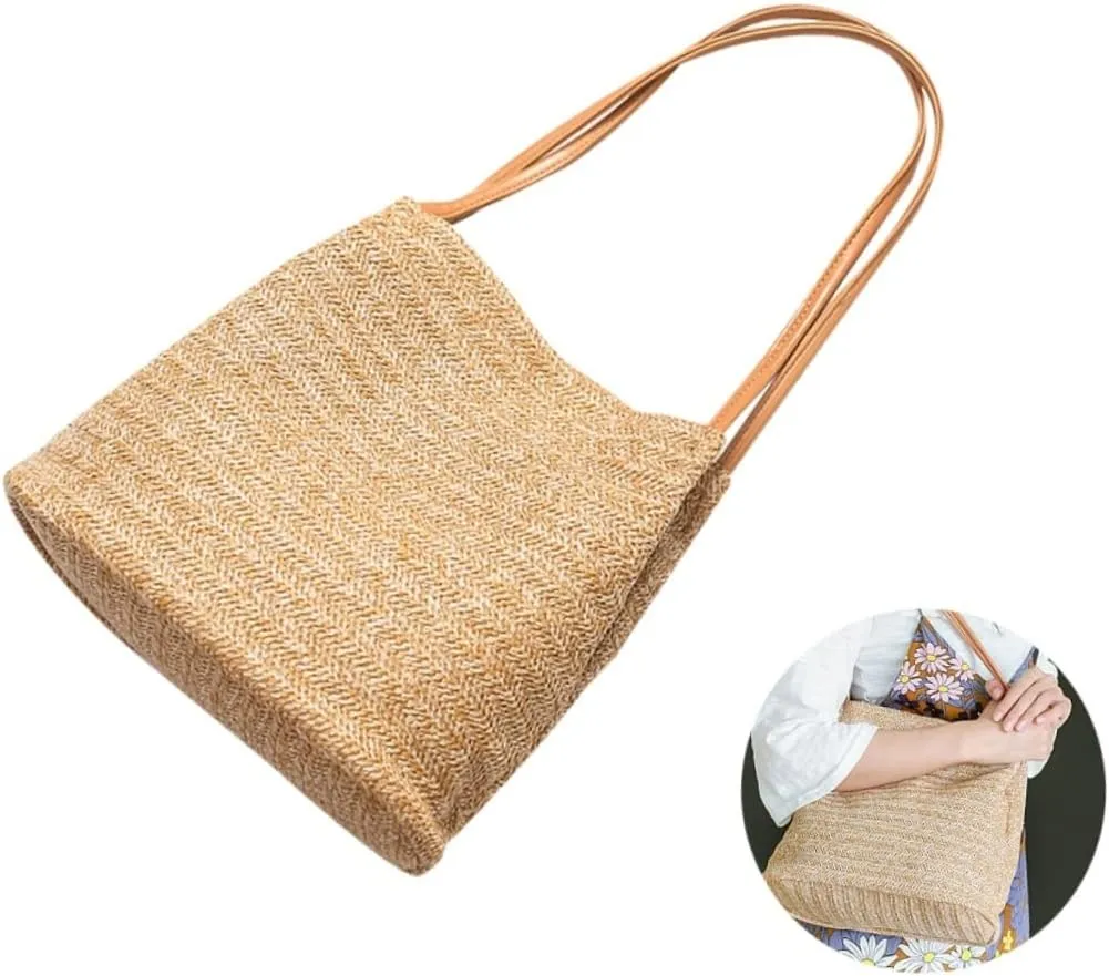 Handmade Knitted Straw Bag Dark Beige Bucket Shoulder Bag for Women Lightweight Beach Tote Unique Present for Outdoor Picnics and Daily Use