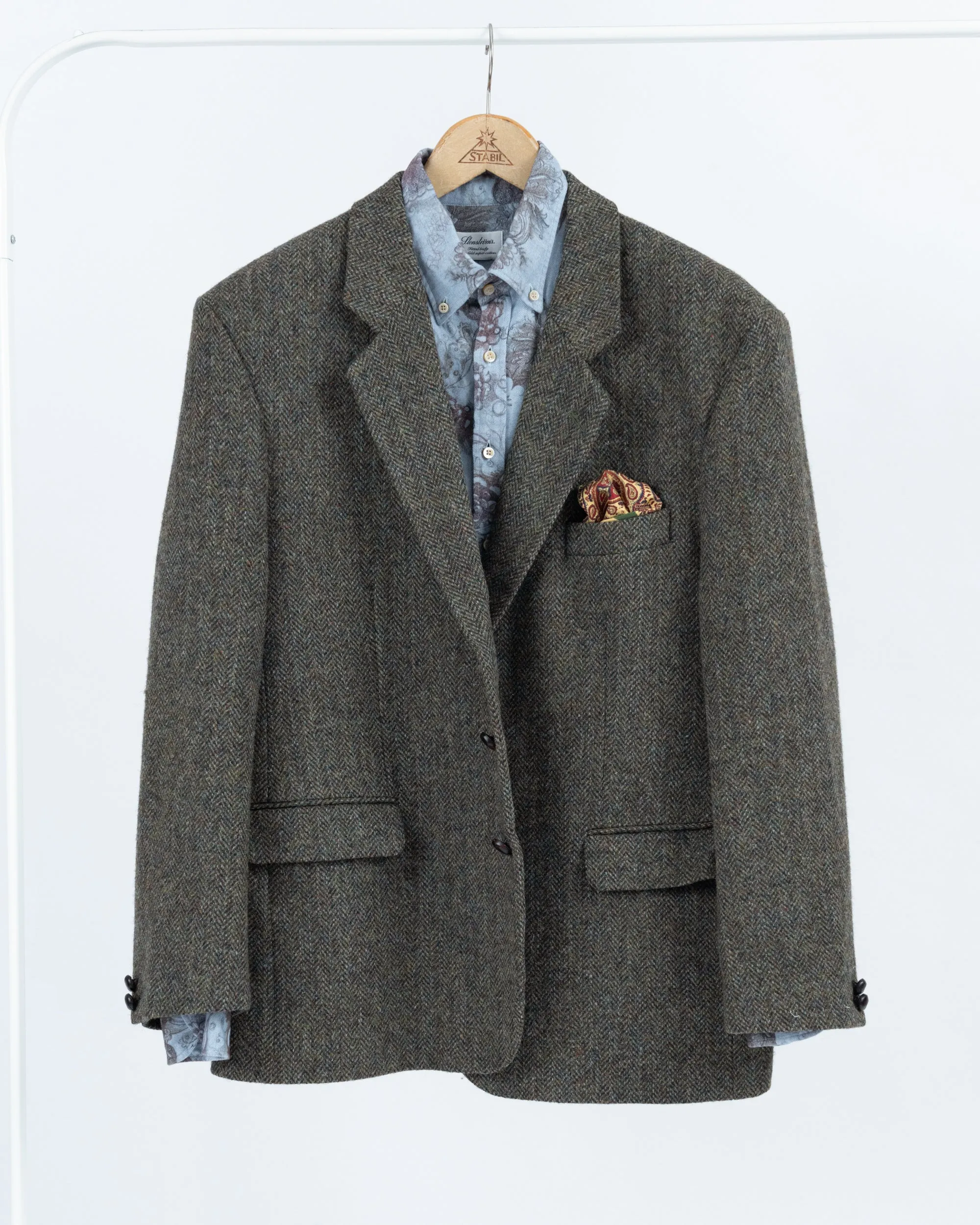 Harris Tweed Herringbone Dark Khaki Green 2 Button Blazer, US 44R, EU 54