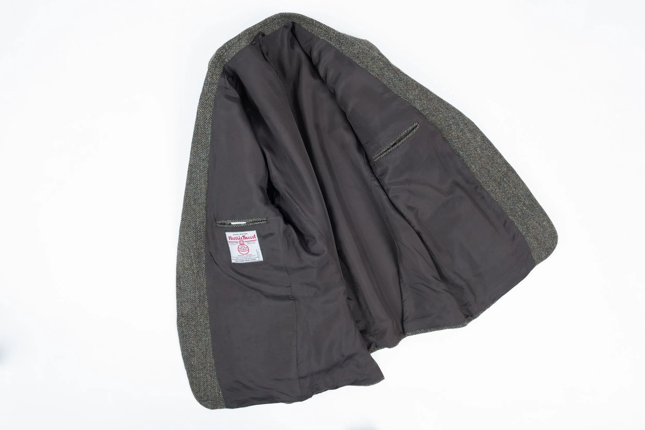 Harris Tweed Herringbone Dark Khaki Green 2 Button Blazer, US 44R, EU 54