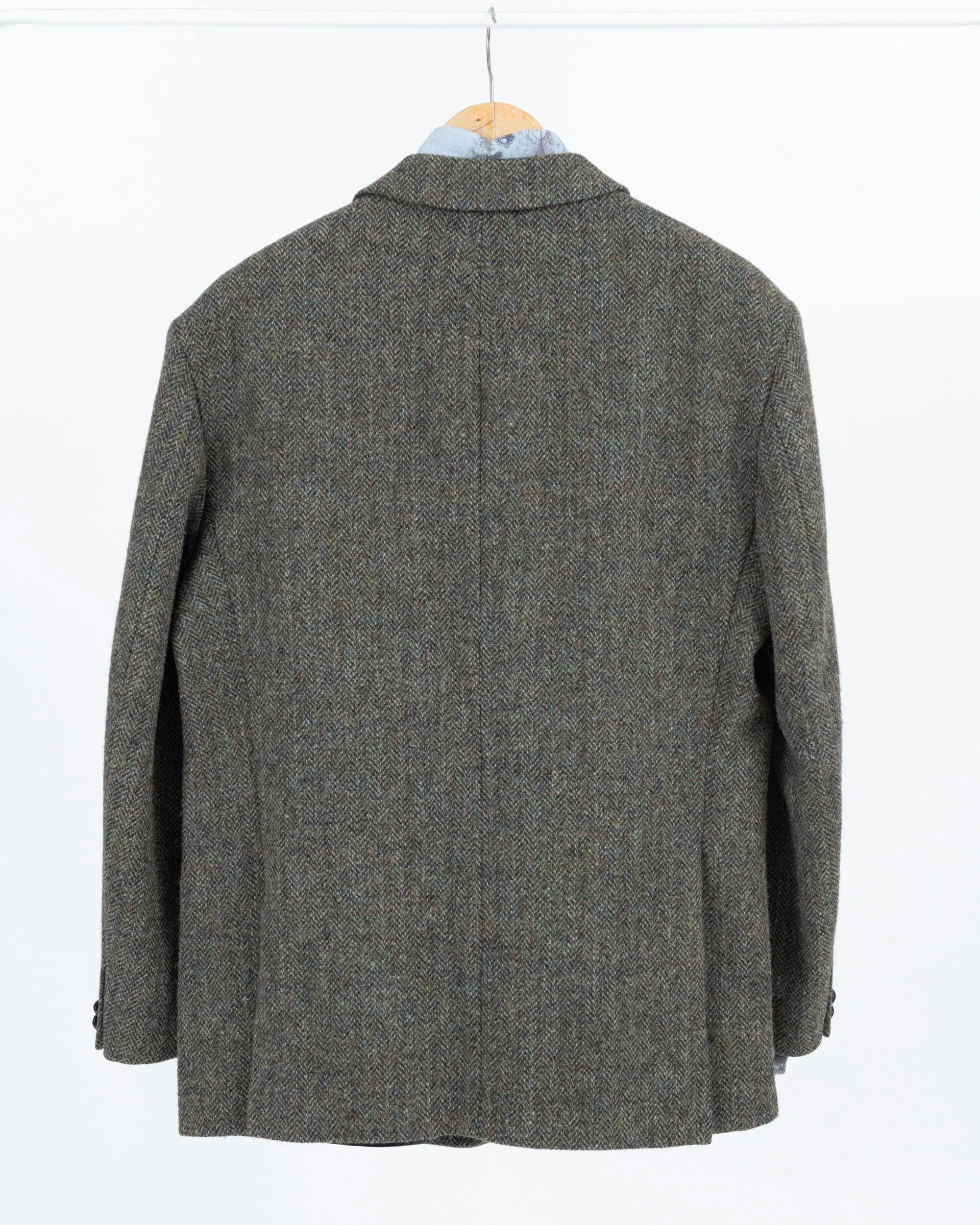 Harris Tweed Herringbone Dark Khaki Green 2 Button Blazer, US 44R, EU 54