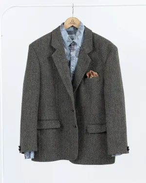 Harris Tweed Herringbone Dark Khaki Green 2 Button Blazer, US 44R, EU 54