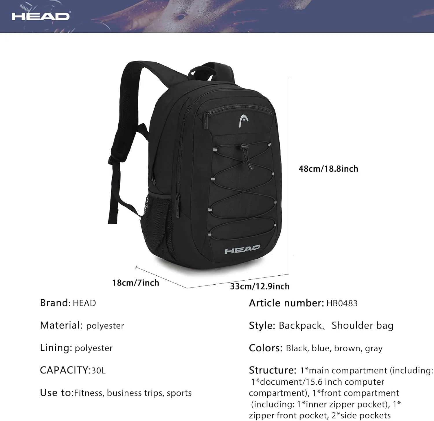 HEAD 30L Waterproof Travel Backpack for Men, Lightweight Laptop Backpack Fits 15.6 inch Notebook,Casual Daypack Backpack for College/Sport/Workout/Outdoor/Daily Use