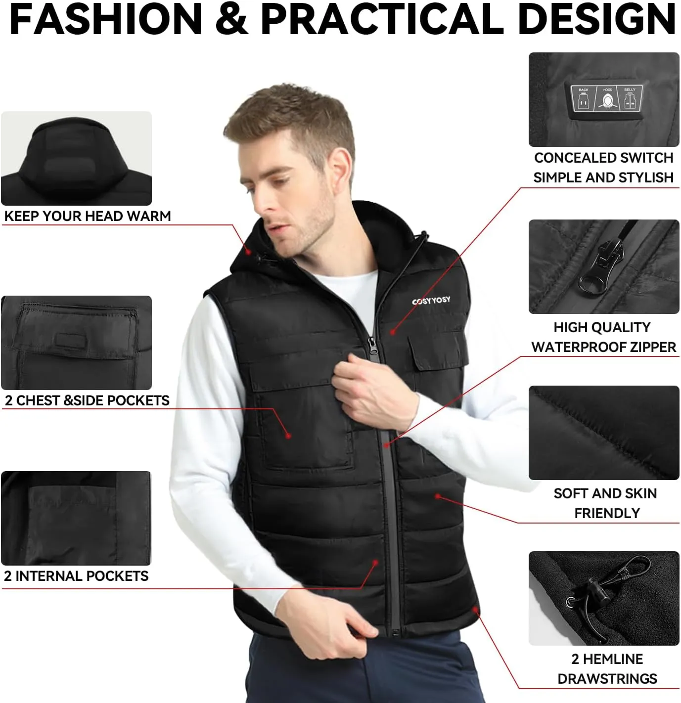 Heated Vest for Men Women, 6 Pockets, 4 Heating Zones, Electric Outdoors Heating Jacket Coat (Battery Not Included)