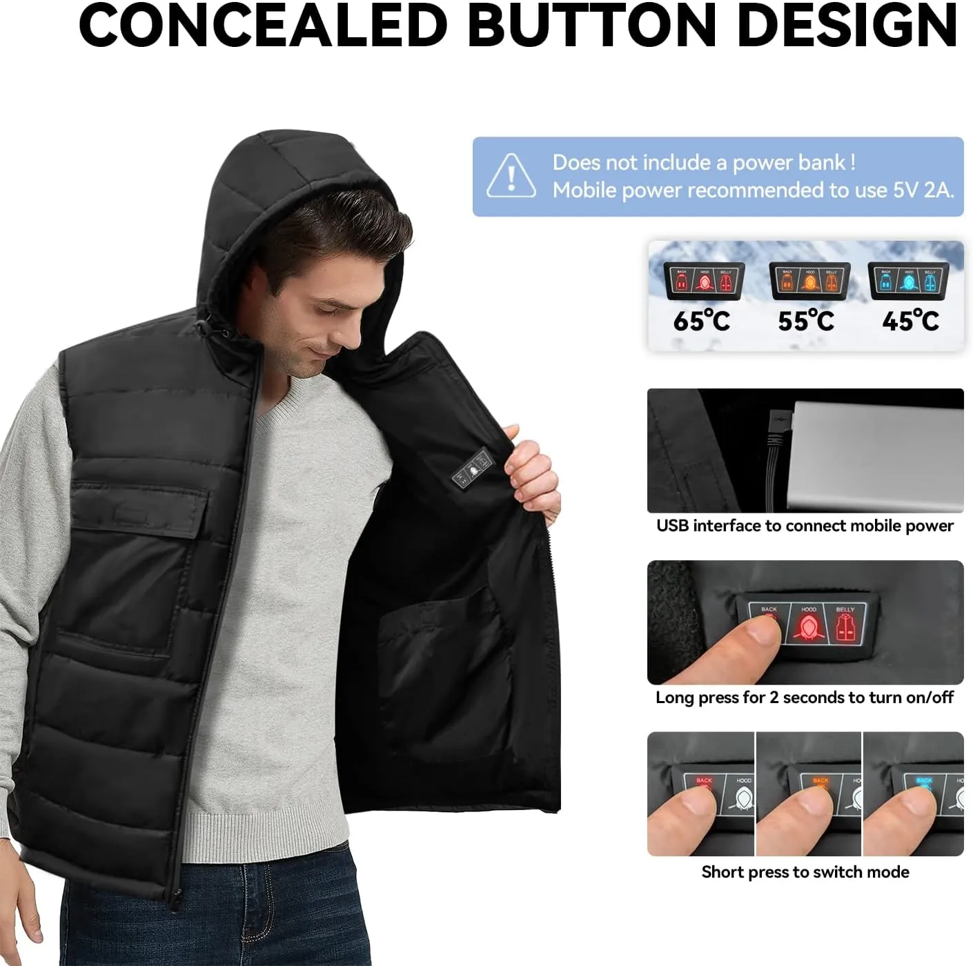 Heated Vest for Men Women, 6 Pockets, 4 Heating Zones, Electric Outdoors Heating Jacket Coat (Battery Not Included)