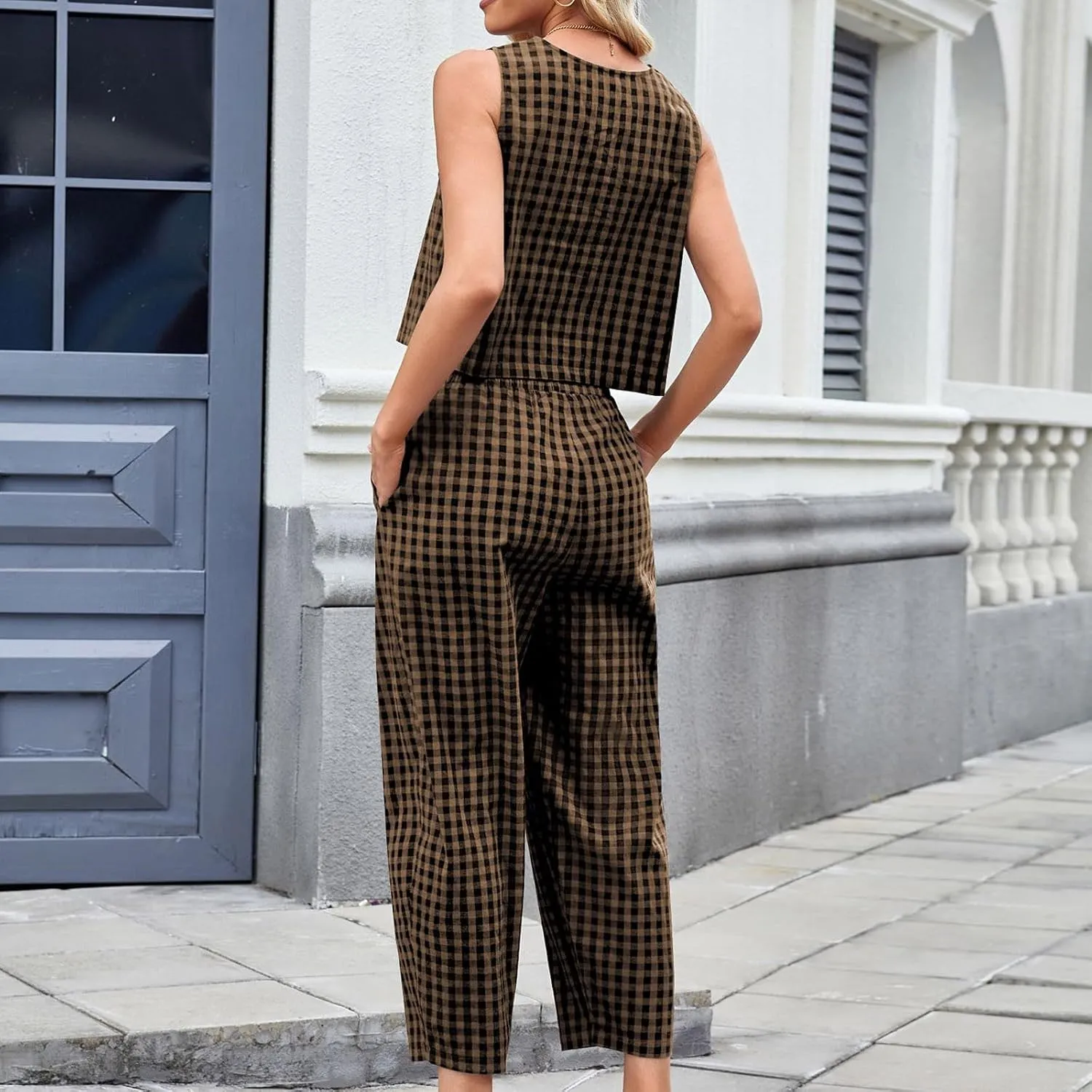 HGps8w 2 Piece Outfits for Women Summer Cotton Plaid Sleeveless Casual Tops with Baggy Pants Loose Loungewear Sets