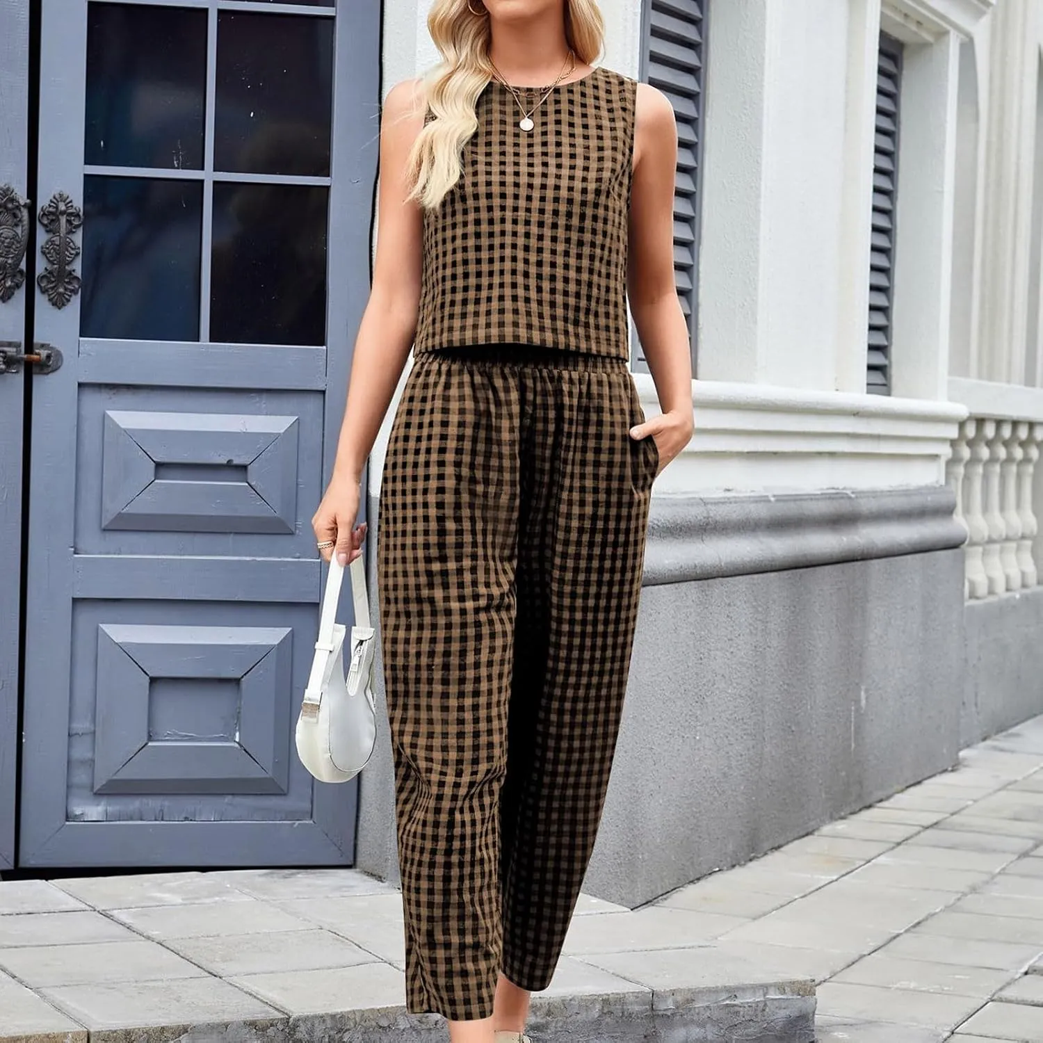 HGps8w 2 Piece Outfits for Women Summer Cotton Plaid Sleeveless Casual Tops with Baggy Pants Loose Loungewear Sets
