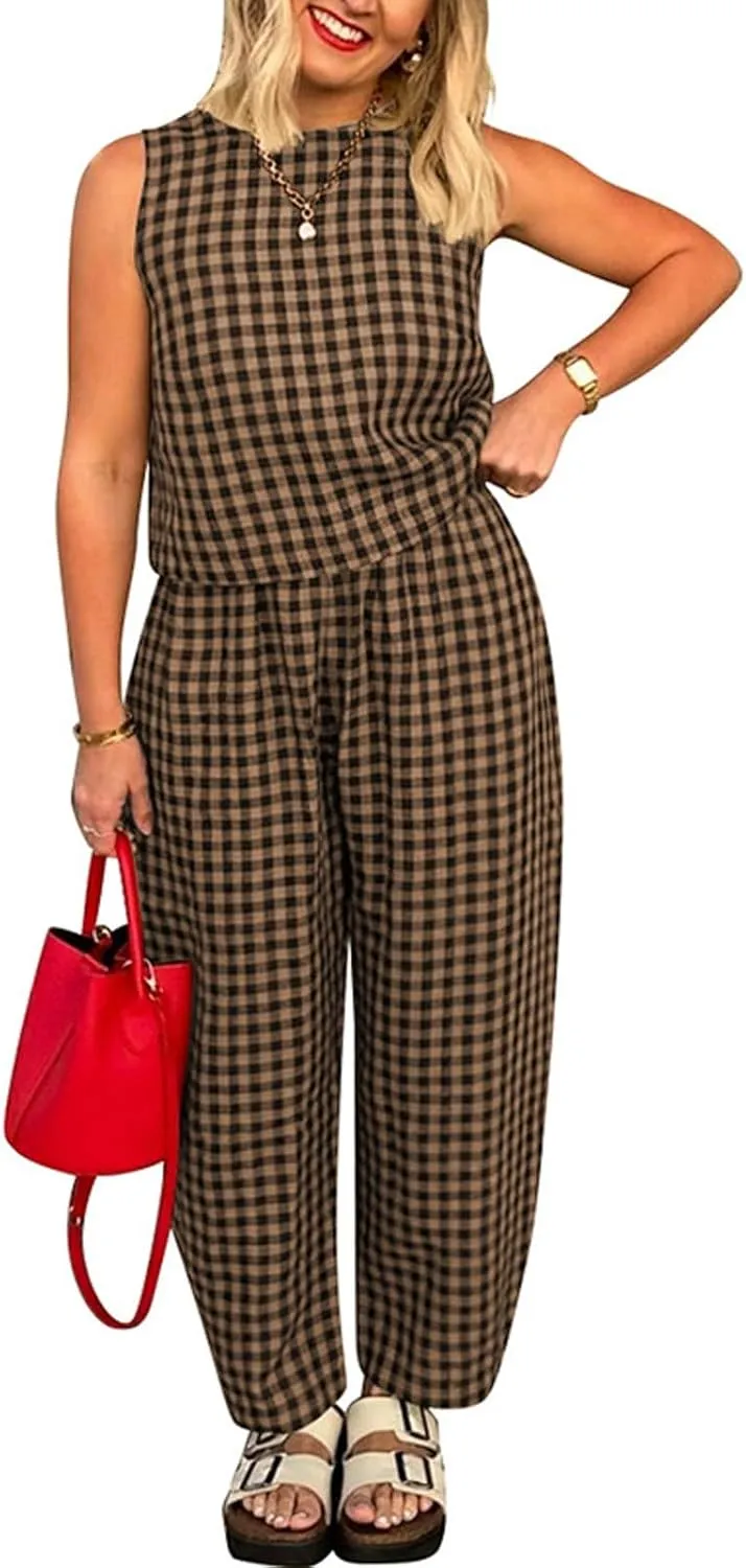 HGps8w 2 Piece Outfits for Women Summer Cotton Plaid Sleeveless Casual Tops with Baggy Pants Loose Loungewear Sets