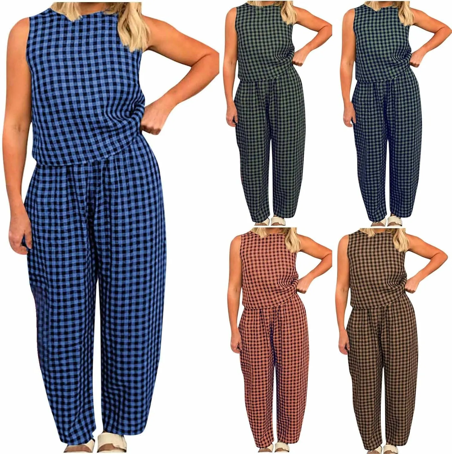 HGps8w 2 Piece Outfits for Women Summer Cotton Plaid Sleeveless Casual Tops with Baggy Pants Loose Loungewear Sets