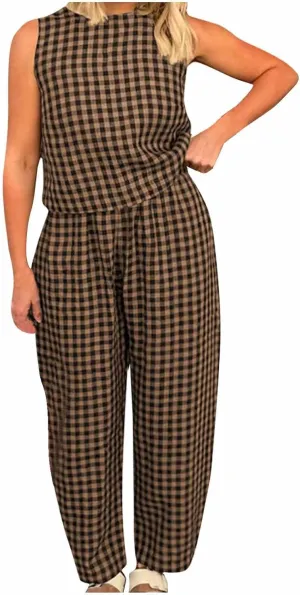 HGps8w 2 Piece Outfits for Women Summer Cotton Plaid Sleeveless Casual Tops with Baggy Pants Loose Loungewear Sets