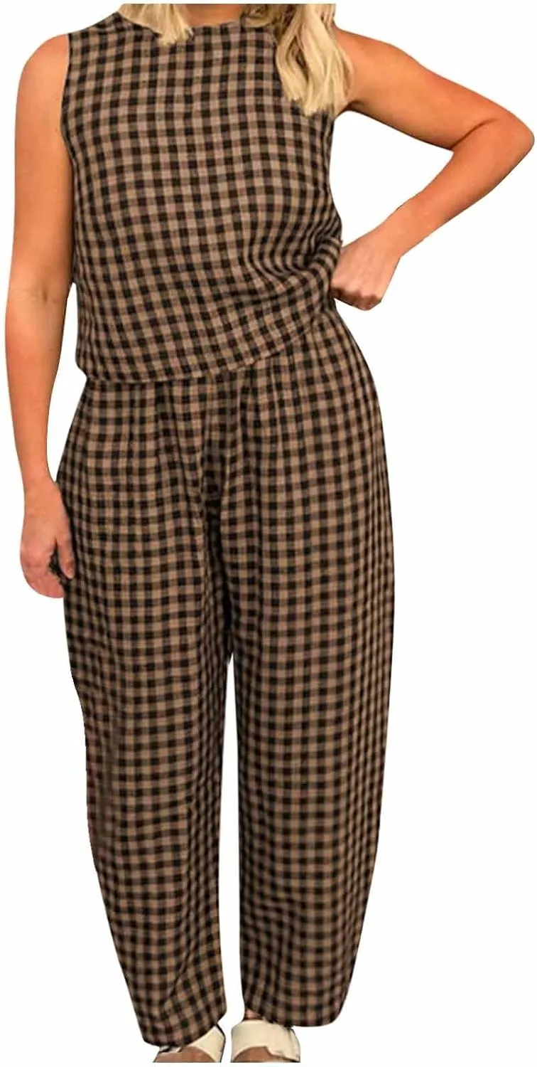 HGps8w 2 Piece Outfits for Women Summer Cotton Plaid Sleeveless Casual Tops with Baggy Pants Loose Loungewear Sets