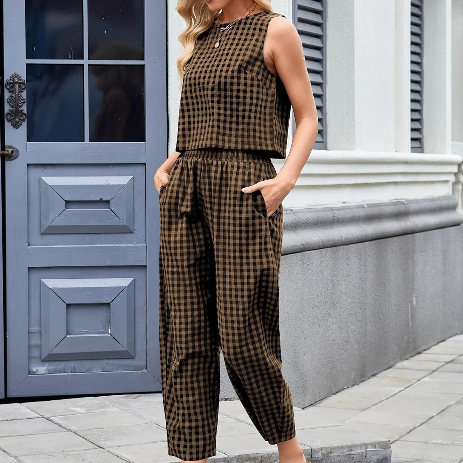 HGps8w 2 Piece Outfits for Women Summer Cotton Plaid Sleeveless Casual Tops with Baggy Pants Loose Loungewear Sets