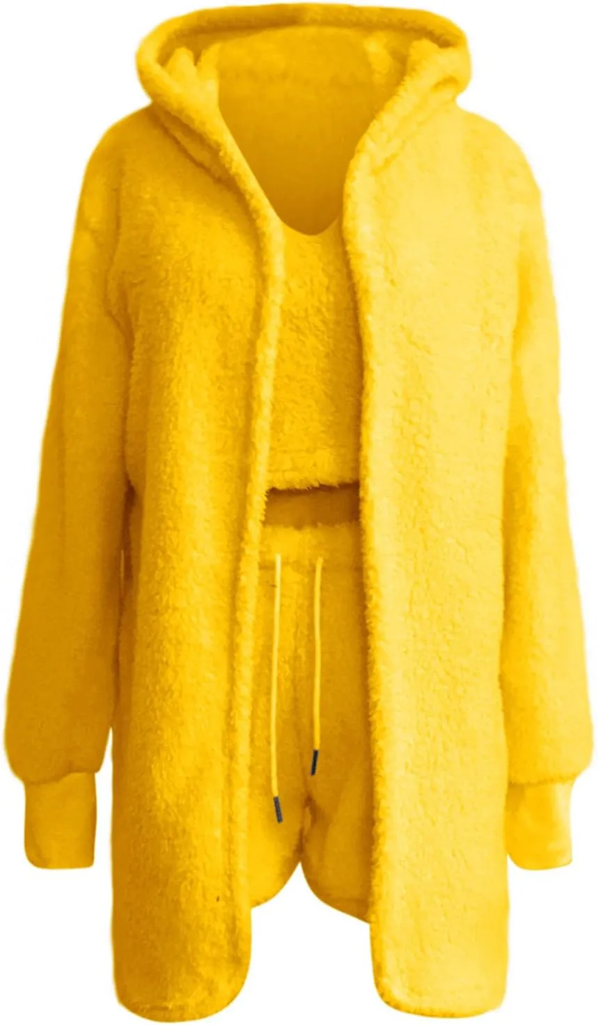 HGps8w Women's Fleece Winter 3 Piece Pajamas Sets, Fuzzy Soft Hooded Cardigan Sleeveless Crop Tops Shorts Loungewear Outfits
