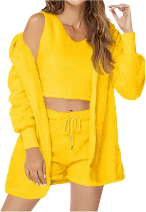 HGps8w Women's Fleece Winter 3 Piece Pajamas Sets, Fuzzy Soft Hooded Cardigan Sleeveless Crop Tops Shorts Loungewear Outfits
