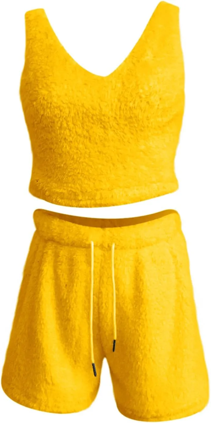 HGps8w Women's Fleece Winter 3 Piece Pajamas Sets, Fuzzy Soft Hooded Cardigan Sleeveless Crop Tops Shorts Loungewear Outfits