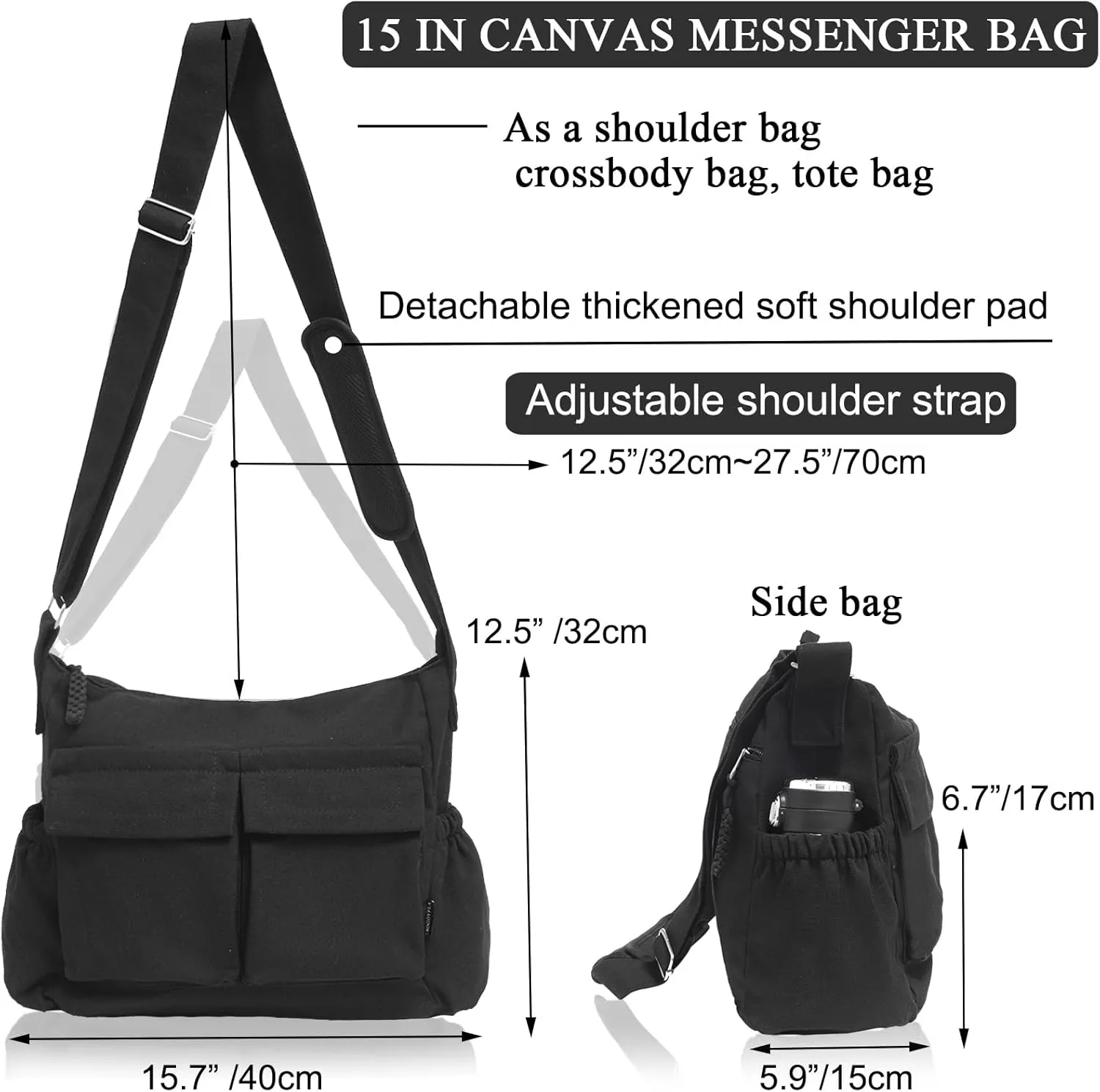 High Density Canvas Messenger Bag for Men/Women, 15 Large Crossbody Shoulder Bag Tote Bag for College/Travel/Work Daily Use