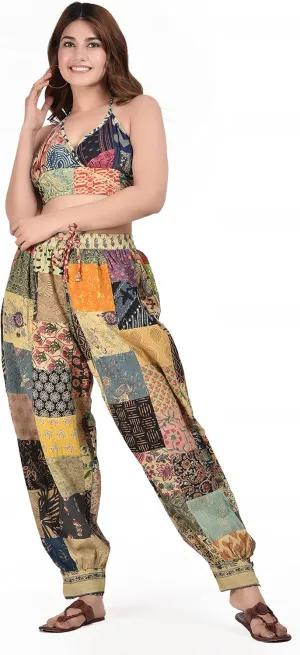 Hippie Indian Harem Bohemian Yoga Pants, Elastic Waist Patch Work Best Designer Trouser with Pocket for Unisex, One Size Fits All (Waist 26-36 inches), One Size-3X-Large