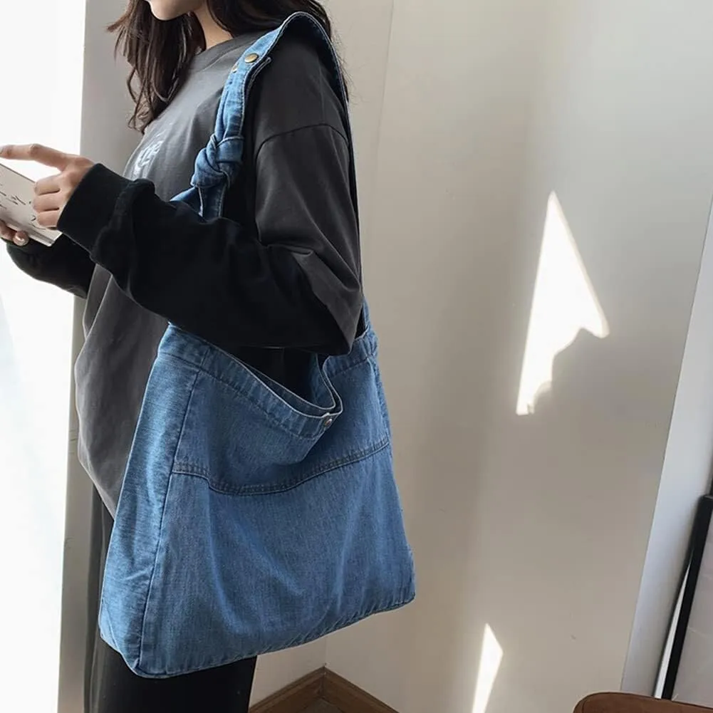 Hobo Large Tote Handbag Casual Retro Jean Shoulder Purse for Work Daily Use Denim Shoulder Purse for Women