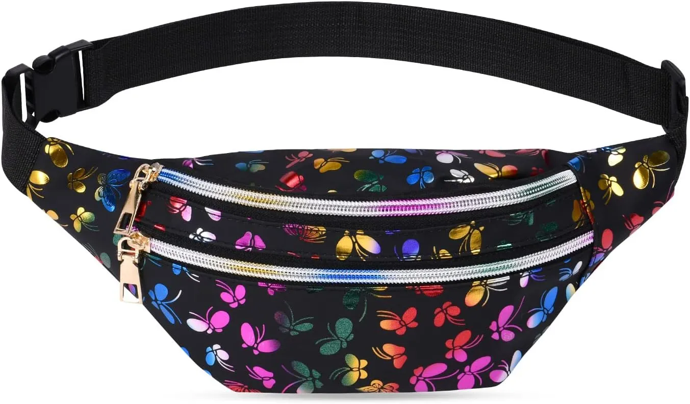Holographic Fanny Pack for Women, Fashion Water Resistant Waist Bag, with Adjustable Belt & Multi-Pockets, Sport Casual Waist Pack for Travel, Hiking, Party, Daily Use - Black