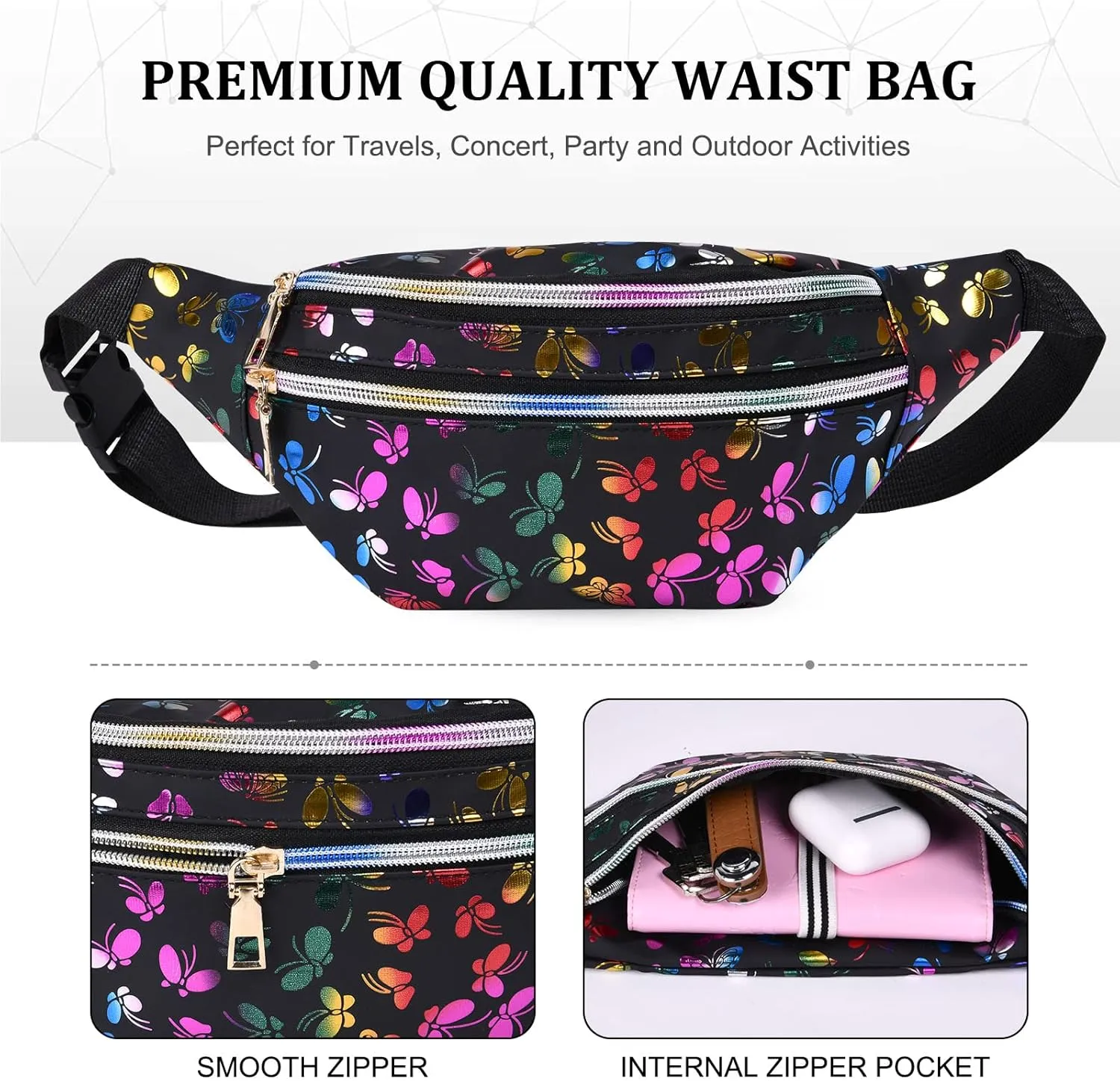 Holographic Fanny Pack for Women, Fashion Water Resistant Waist Bag, with Adjustable Belt & Multi-Pockets, Sport Casual Waist Pack for Travel, Hiking, Party, Daily Use - Black