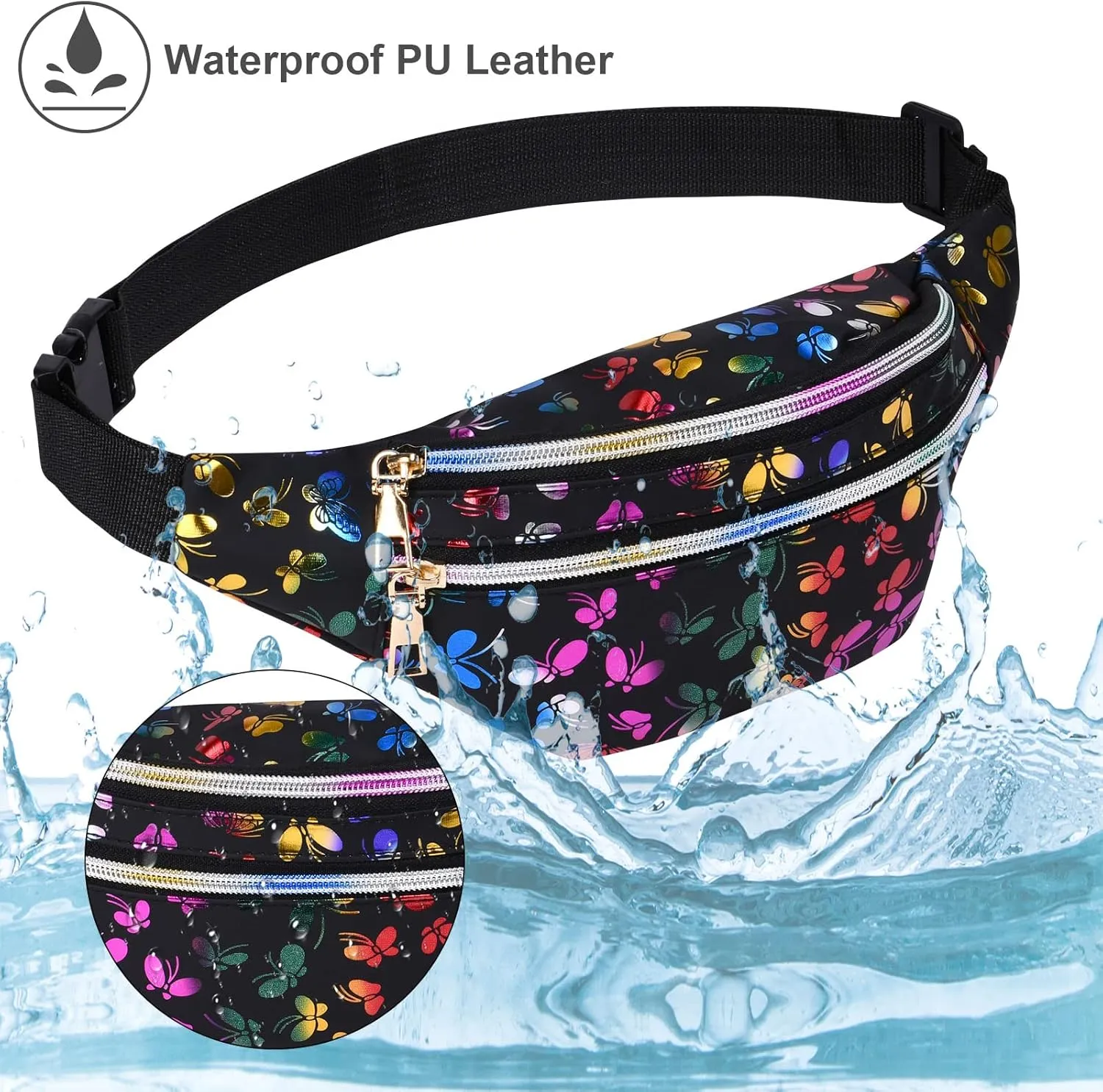 Holographic Fanny Pack for Women, Fashion Water Resistant Waist Bag, with Adjustable Belt & Multi-Pockets, Sport Casual Waist Pack for Travel, Hiking, Party, Daily Use - Black